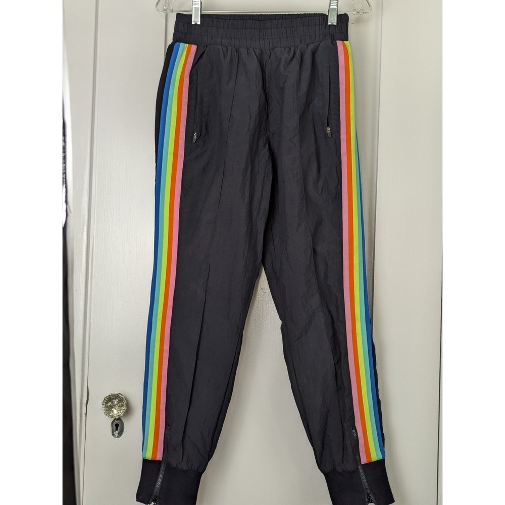 Fabletics Windbreaker Pants Womens S Black Rainbow Side Stripe Zip Ankle Track